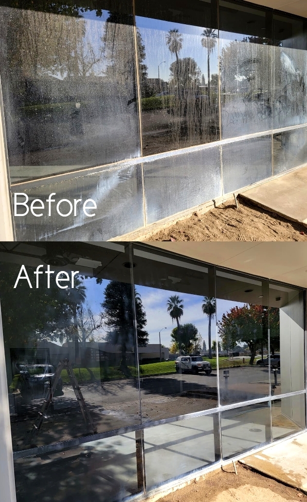 before and after of removing hard water from a building in riverside, ca.